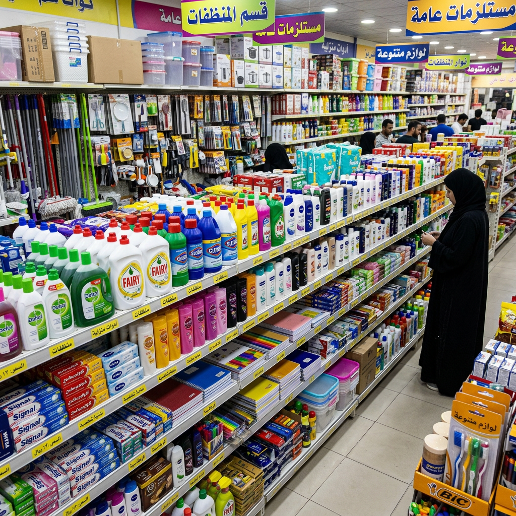 Supermarket aisle filled with household cleaning supplies, personal care products, and stationery items with shoppers